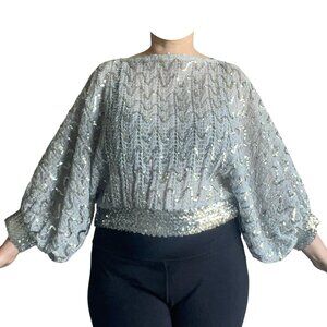 St. MARTIN Silver Wavy Sequin Crop Top Dolman Sleeves Glam Retro Disco Party Med